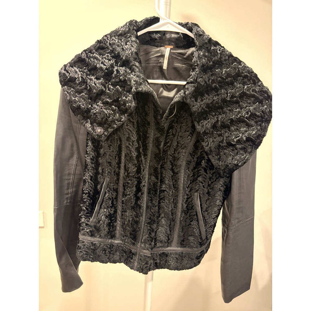 Free People Black Faux Leather Fur Moto Jacket Whimsigoth Witchy Goth Biker XS